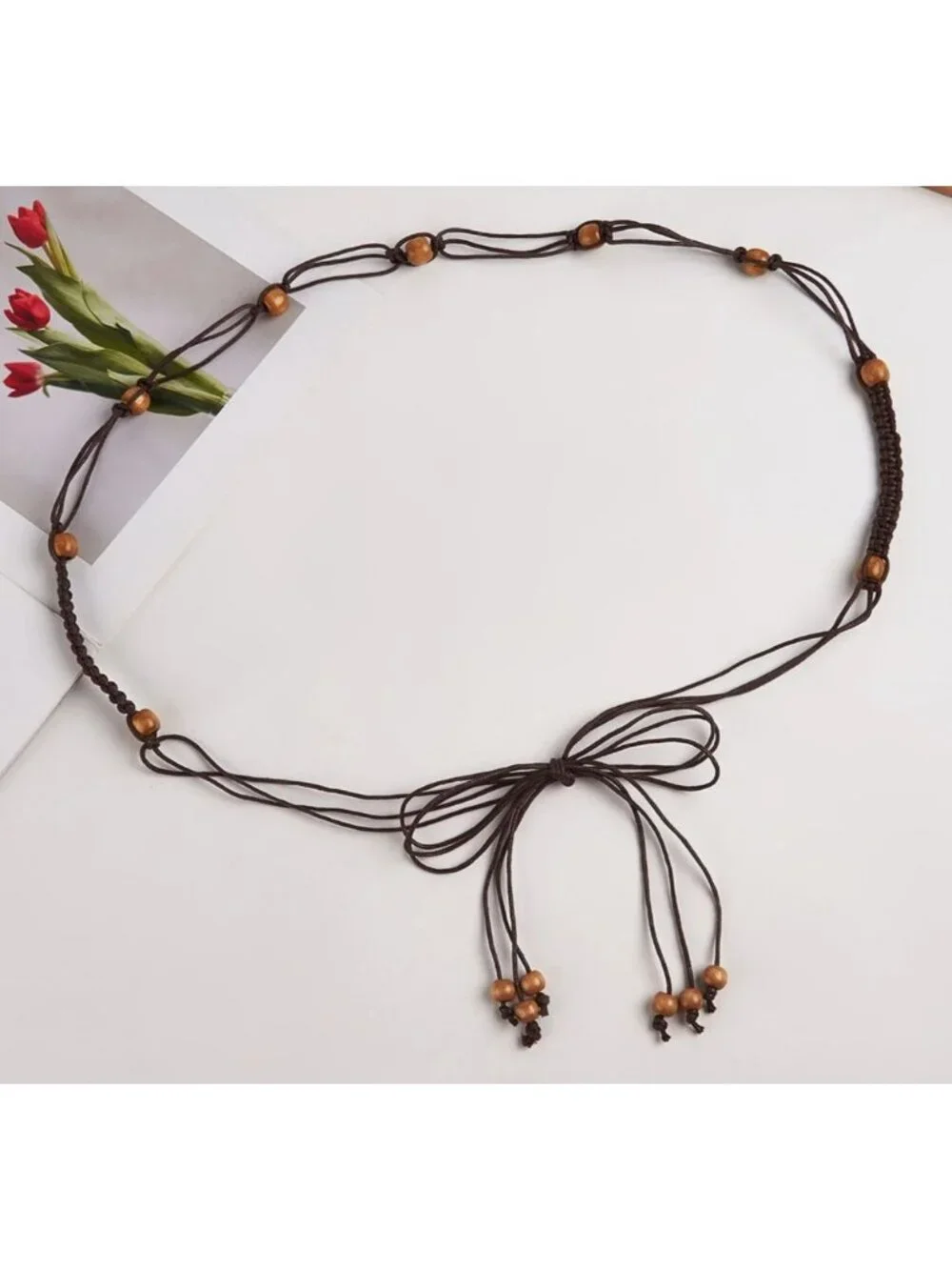 Dark Brown Braided Rope Wrap-Around Belt With Wooden Beads